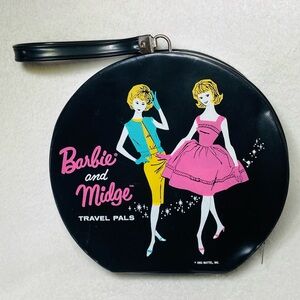 1963 Vintage Barbie and Midge Round Black Hatbox Carry Case Barbie Organizer